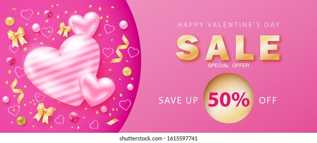 Happy Valentines Day sale promo banner with pink hearts and paper bows special offer 50