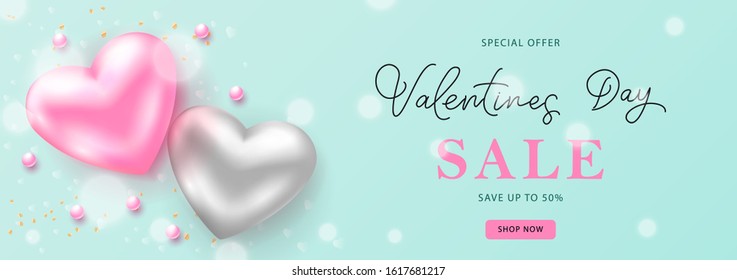 Happy Valentines Day sale promo banner with pink and silver hearts and pearl beads. Vector illustration