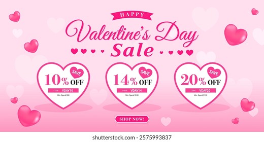 Happy Valentine's day Sale promotion coupon template vector design. Heart coupons discount on pink gradient background