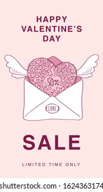 Happy Valentines Day sale. Promotional poster. Vintage heart with wings. Valentine in envelope. 50% off. Vector.