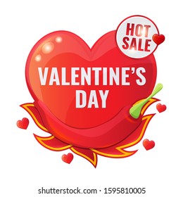 Happy Valentines Day sale redin shape of heart banner with chili pepper and tongue of flame. Advertising label, card. Vector illustration.