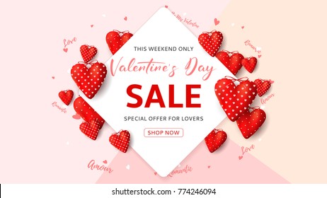 Happy Valentine's Day Sale Seasonal Banner. Beautiful Background with Realistic Red Fabric Hearts and Confetti. Vector Illustration with Discount Offer.