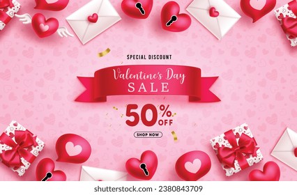 Happy valentine's day sale text vector banner design. Valentine's hearts day special offer discount with balloons, envelope and lock elements decoration. Vector illustration greeting card background.
