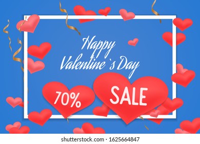 Happy Valentines Day Sale typography poster with handwritten calligraphy, golden confetti. 