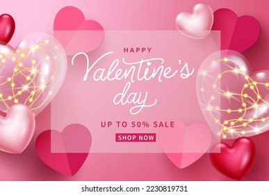 Happy valentine's day sale vector banner design. Valentine's day promo text with hearts and lights elements decoration for seasonal advertising promo background. Vector Illustration.
