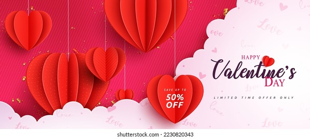 Happy valentine's day sale vector banner design. Valentine's day limited time offer text with paper cut hanging hearts for holiday season promotion. Vector Illustration.
