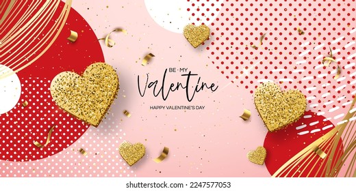 happy Valentine's day sale vector banner. Be my valentine banner with 3d heart, gift box, gold confetti, podium on red background.  Vector illustration. 3D realistiс design template with gift, heart