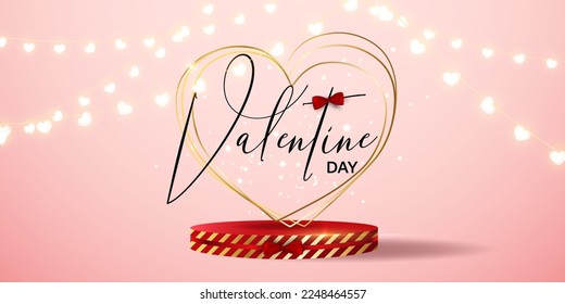 happy Valentine's day sale vector banner. Be my valentine banner with 3d heart, gift box, gold confetti, podium on red background.  Vector illustration. 3D realistiс design template with gift, heart