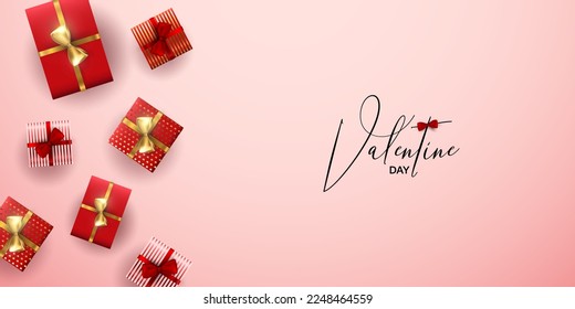 happy Valentine's day sale vector banner. Be my valentine banner with 3d heart, gift box, gold confetti, podium on red background.  Vector illustration. 3D realistiс design template with gift, heart