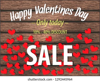 Happy Valentine's Day Sale Web Banner. Romantic composition. Beautiful backdrop with heart from threads on wooden texture. Vector illustration. 