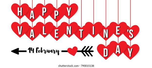 Happy Valentine's Day sale web banner template design with white lettering over flying red heart shape paper cut on white background. Valentines poster, invitation, greeting card. Vector illustrator.