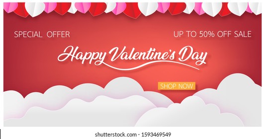Happy Valentine's day sales composition in paper cut style with colorful leaves. Vector illustration.