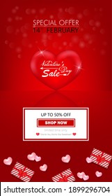Happy Valentine's Day Sales. Special offer Valentine's Day Sale up to 50% off with romance red heart and giftbox of vector.
