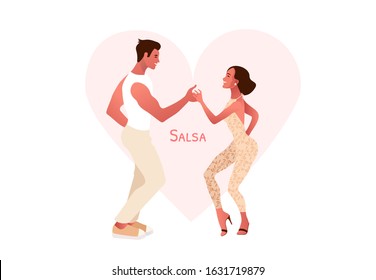 Happy Valentine's Day. Salsa party. Beautiful young couple dancing salsa in the city. Street dancing. People in love, dating. Vector illustration cartoon style. Dance studio logo.