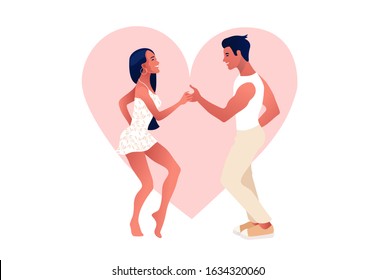 Happy Valentine's Day. Salsa Party. Beautiful Young Couple Dancing Salsa In The City. Street Dancing. People In Love, Dating. Vector Illustration Cartoon Style. Dance Studio Logo.