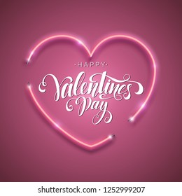 Happy Valentine's Day script lettering inscription. Hand lettering card. Modern calligraphy for Valentine's Day. Vector neon sign. Abstract background with bright pink vector neon heart. 