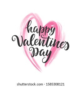 Happy Valentine's Day script lettering inscription isolated on white background. Handwritten quote. Calligraphy for Valentine's Day card, poster, banner.