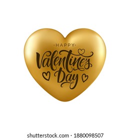 Happy Valentine's Day script lettering inscription. Hand lettering card. Modern calligraphy for Valentine's Day. Vector 3d heart. 