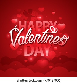 Happy valentines day script text on red background with hearts Vector illustration EPS10