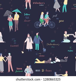Happy Valentines day. Seamless pattern with people in love and typography quotes.  Happy dating couples. Design template for greeting card, print, wallpaper. Vector illustration