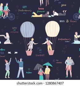 Happy Valentines day. Seamless pattern with people in love and typography quotes. Happy dating couples. Design template for greeting card, print, wallpaper. Vector illustration