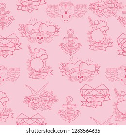 Happy Valentine's Day seamless pattern with old school tattoo style. Editable vector illustration