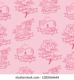 Happy Valentine's Day seamless pattern with old school tattoo style. Editable vector illustration