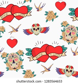 Happy Valentine's Day seamless pattern with old school tattoo style. Editable vector illustration