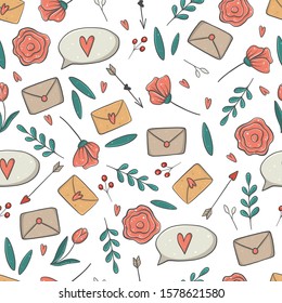 Happy Valentine's day! Seamless pattern. Vector illustration. Bottle with hearts, mug, envelope, letter, flower, heart, rose, leaf.