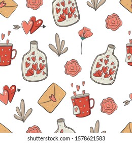 Happy Valentine's day! Seamless pattern. Vector illustration. Bottle with hearts, mug, envelope, letter, flower, heart, rose, leaf.