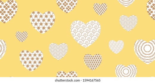 Happy Valentine's Day seamless pattern background. Vector illustration. Paper elements in shape of heart on yellow background.