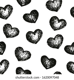Happy Valentines Day Seamless Pattern with hearts. Love symbol. For printing wrapping paper, wallpaper, packaging, fabric. For web pages design. Hand Drawn vector illustration.