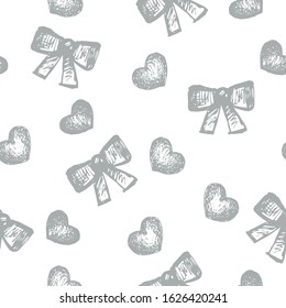 Happy Valentines Day Seamless Pattern with hearts and bows. Love symbol. For printing wrapping paper, wallpaper, packaging, fabric. For web pages design. Hand Drawn vector illustration.
