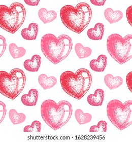 Happy Valentines Day Seamless Pattern with hearts. Love symbol. For printing wrapping paper, wallpaper, packaging, fabric. For web pages design. Hand Drawn vector illustration.