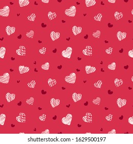 Happy Valentines Day Seamless Pattern with hearts. Love symbol. For printing wrapping paper, wallpaper, packaging, fabric. For web pages design. Hand Drawn vector illustration.