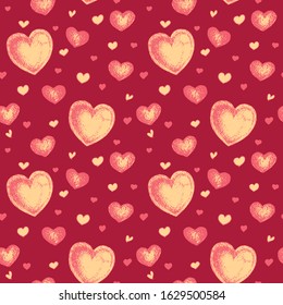 Happy Valentines Day Seamless Pattern with hearts. Love symbol. For printing wrapping paper, wallpaper, packaging, fabric. For web pages design. Hand Drawn vector illustration.