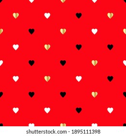 Happy Valentine's Day. Seamless pattern with gold, black, white hearts on red background. For valentine, cover, flyer, poster, fabric, wrapping paper, scrapbooking, gift bag, wrap. Vector illustration