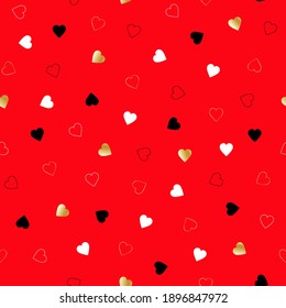 Happy Valentine's Day. Seamless pattern with gold, black, white hearts on bright red background. For valentine, cover, flyer, poster, fabric, wrapping paper, gift bag, gift wrap. Vector illustration.