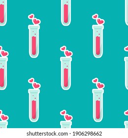 Happy Valentine's day seamless pattern. Test tube love fluid reaction laboratory bottle science romantic love theme. Heart shape. Love chemistry, elixir, potion seamless background.