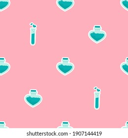 Happy Valentine's day seamless pattern. Test tube love fluid reaction laboratory bottle science romantic love theme. Heart shape. Love chemistry, elixir, potion seamless background.