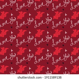 Happy Valentine's Day seamless pattern. Red background with Cupid and heart. Vector. 