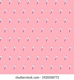 Happy Valentine's day seamless pattern. Test tube love fluid reaction laboratory bottle science romantic love theme. Heart shape. Love chemistry, elixir, potion seamless background.