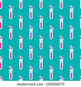 Happy Valentine's day seamless pattern. Test tube love fluid reaction laboratory bottle science romantic love theme. Heart shape. Love chemistry, elixir, potion seamless background.