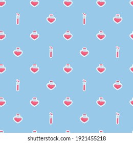 Happy Valentine's day seamless pattern. Test tube love fluid reaction laboratory bottle science romantic love theme. Heart shape. Love chemistry, elixir, potion seamless background.