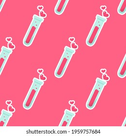 Happy Valentine's day seamless pattern. Test tube love fluid reaction laboratory bottle science romantic love theme. Heart shape. Love chemistry, elixir, potion seamless background.