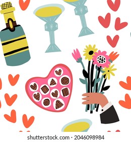 Feliz Día de San Valentín sin problemas con notas de arte pop. Botella de champán o vino, gafas de cristal, dulces de chocolate en la caja del corazón, corazones, una mano sosteniendo un ramo de flores. Conjunto de fechas perfecto
