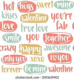 Happy Valentine's Day seamless pattern. Trendy flat hand drawn stylized hearts and brush love lettering. Vector illustration for wrapping, textile, fabric. 