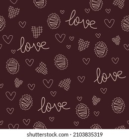 Happy Valentine's day, Seamless pattern with hearts and strawberry. Dark background. 