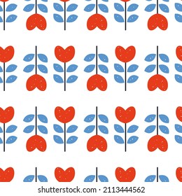 Happy Valentines day seamless pattern with hearts and leaves for fabric, textile, wrapping paper. Hand drawn printable vector illustration. Love concept. Romantic repeating texture trendy design