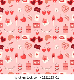 Happy Valentine's Day seamless pattern. Romantic elements and hearts.